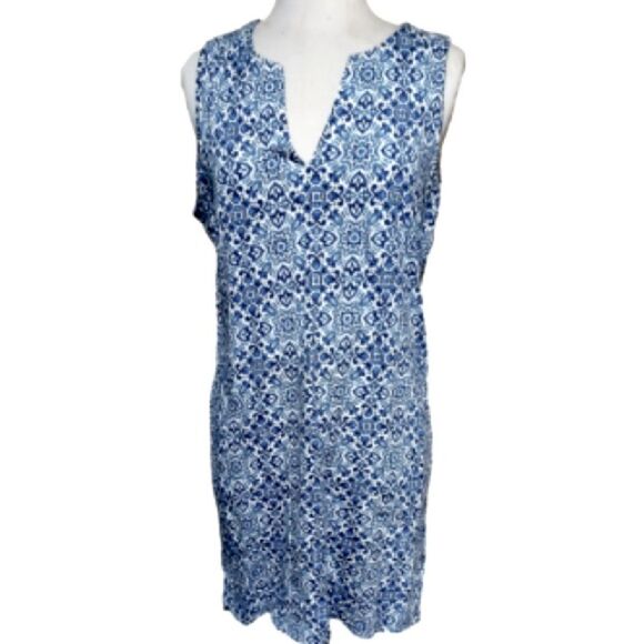 LANDS END Floral Geometric Sleeveless Casual Summer Dress Blue White Medium - Picture 1 of 12